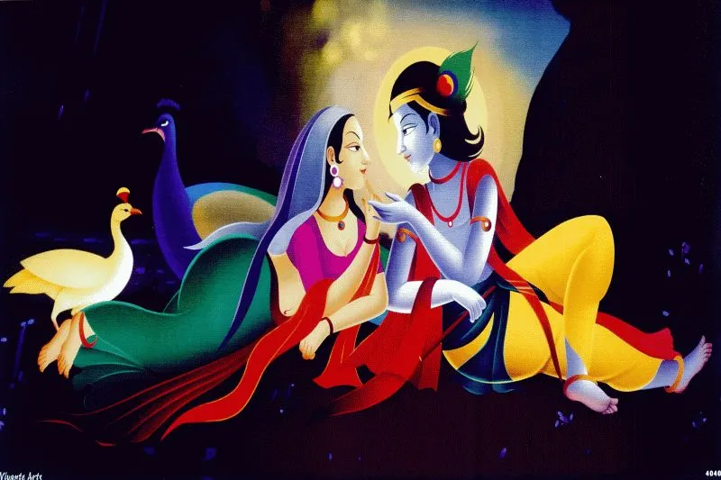A modern, flat-colour Radha and Krishna reclining together, with a white swan and a peacock on a dark ground