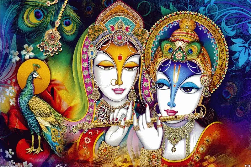 Stylised Radha and Krishna faces with a flute and a peacock, in vivid jewel tones and gold ornament