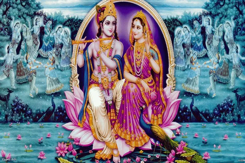 Radha and Krishna seated on a lotus by a moonlit lake, with ghostly gopis dancing behind them
