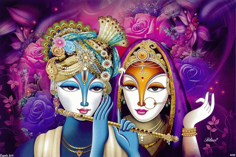 Stylised Radha and Krishna faces with a flute and a peacock-feather crown among deep purple roses