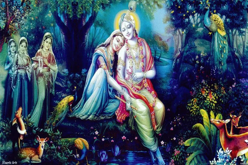 Radha resting against Krishna in a dark forest at night, with gopis, deer and a peacock around them