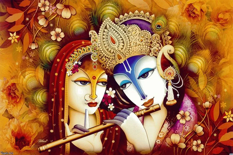Radha and Krishna's faces close together with a flute, framed by warm amber and orange florals