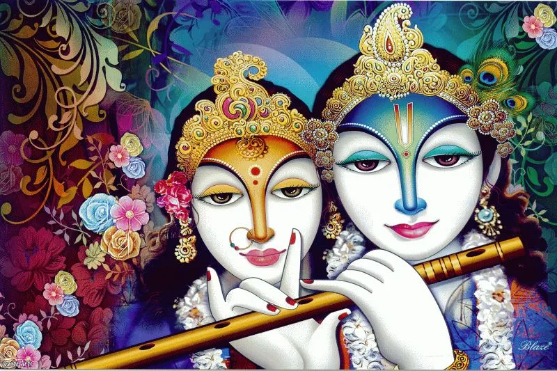 Radha and Krishna's crowned faces with a flute, surrounded by colourful flowers and a peacock