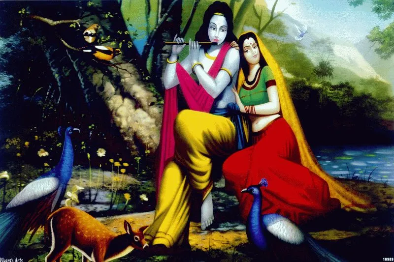 Krishna playing his flute beside Radha by a forest stream, with peacocks and a deer nearby