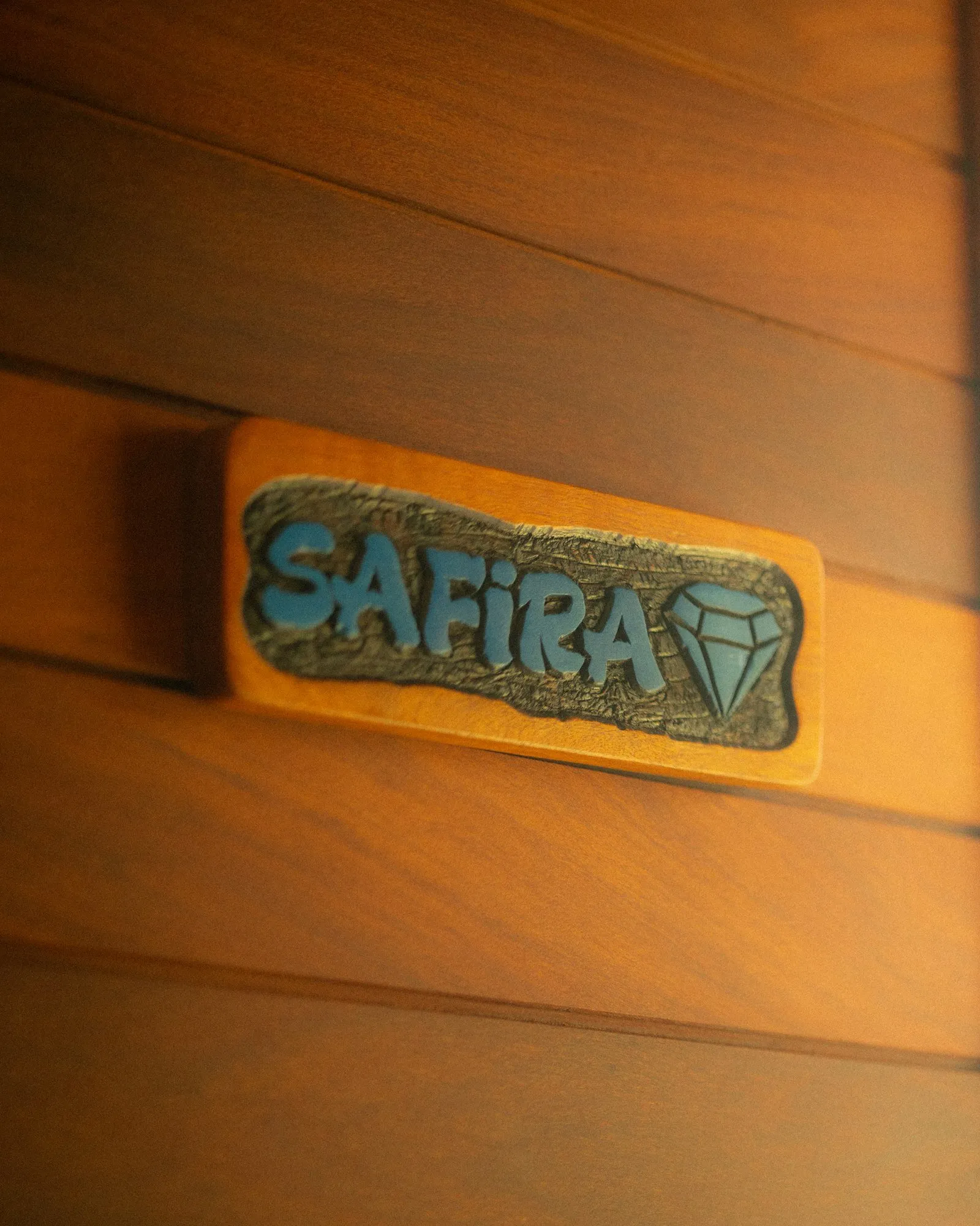 A wooden nameplate