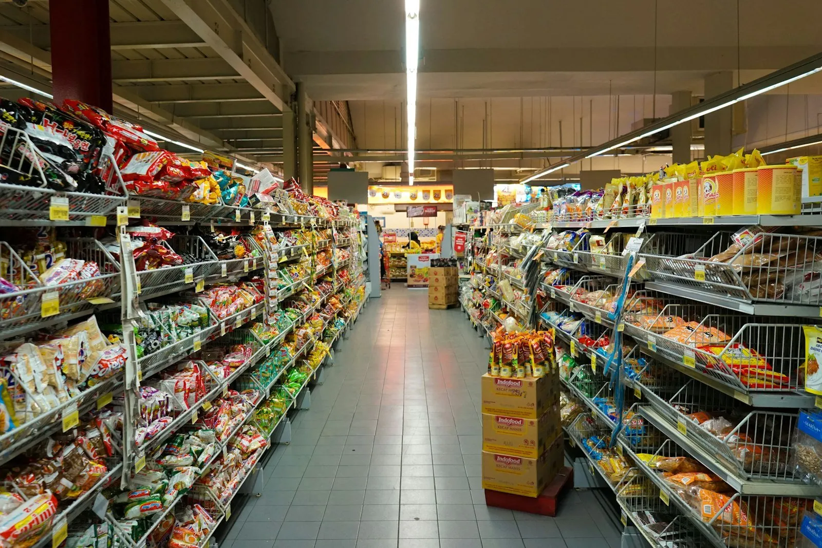 A grocery shelf with packaged food products