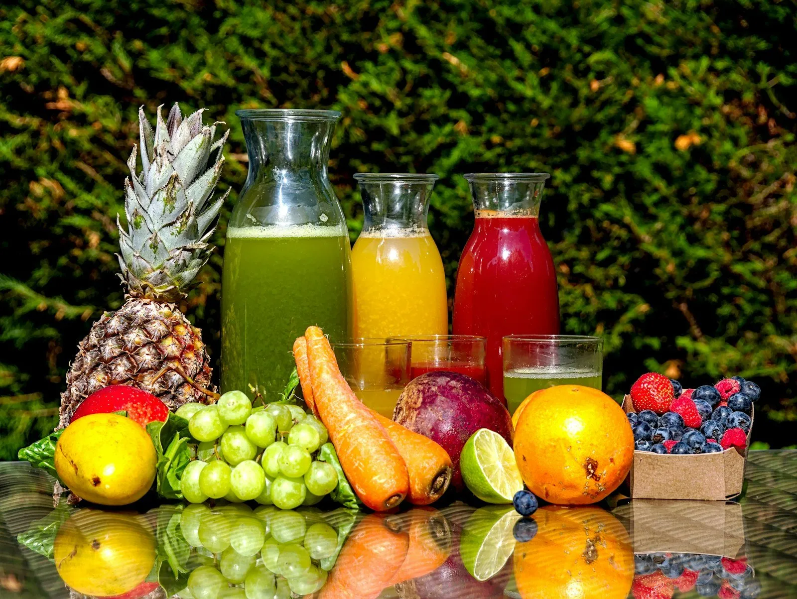 Fresh juice in glass bottles