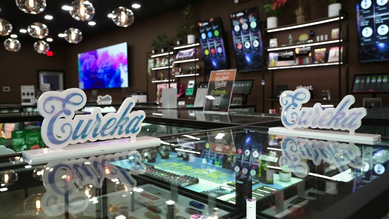 Retail store interior with display cases and shelves