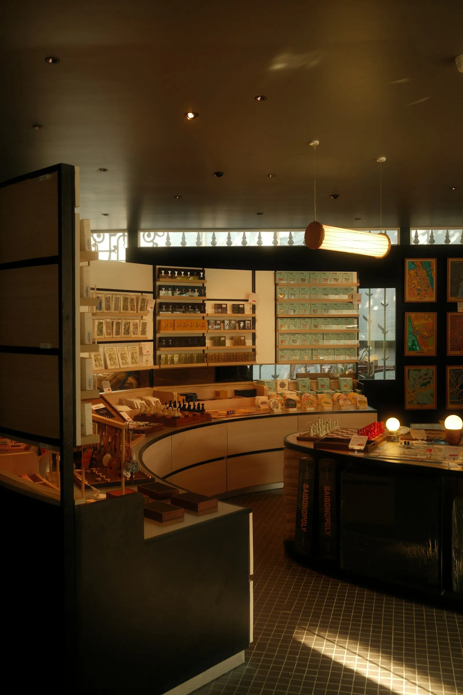 Interior of a modern shop with curved product displays