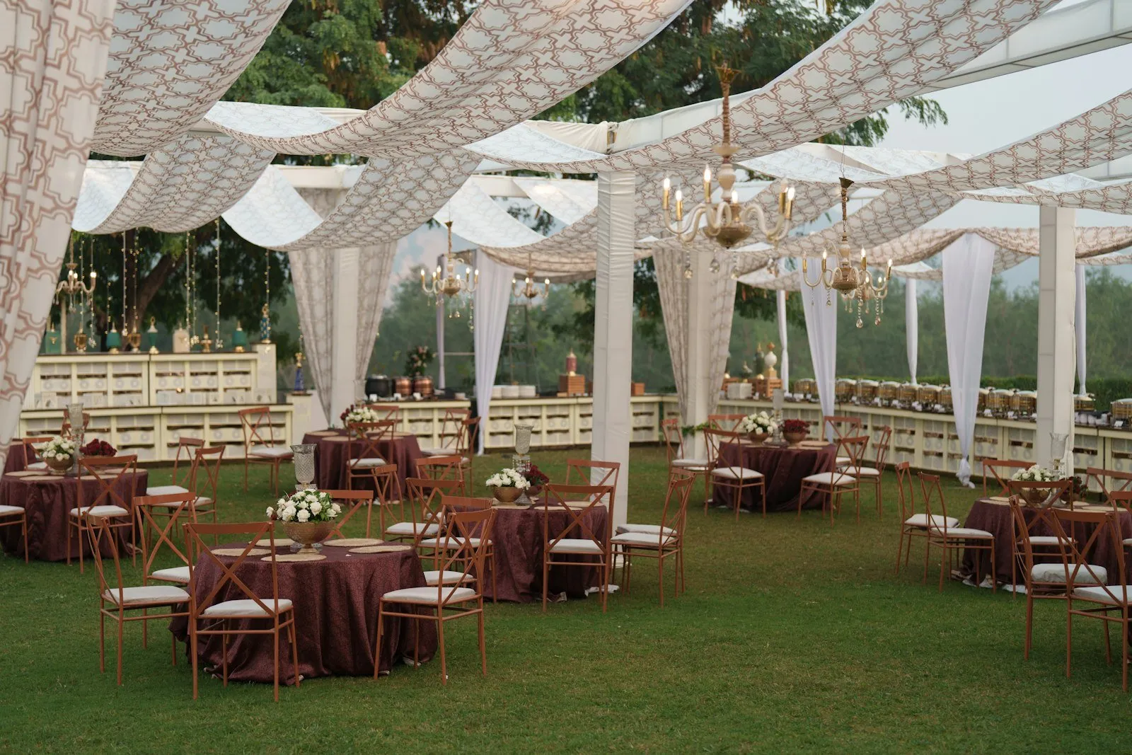 An outdoor wedding reception setup