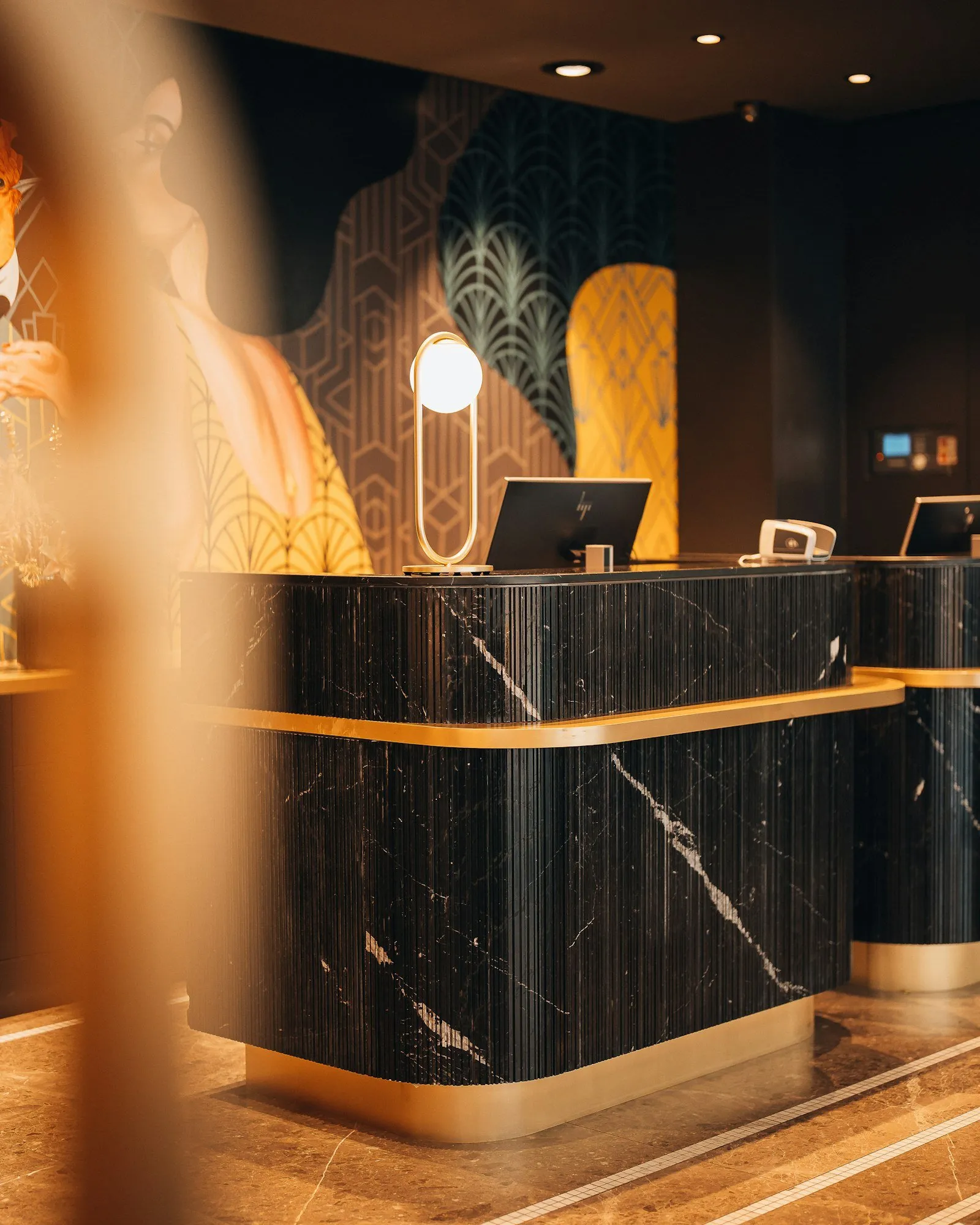 A hotel lobby reception desk